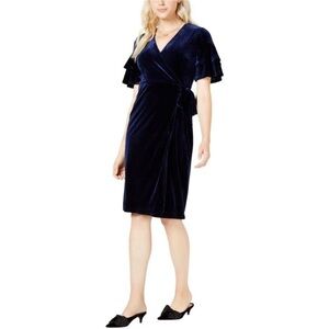 NWT Maison Jules Blue Velvet Ruffle Sleeve Wrap Dress